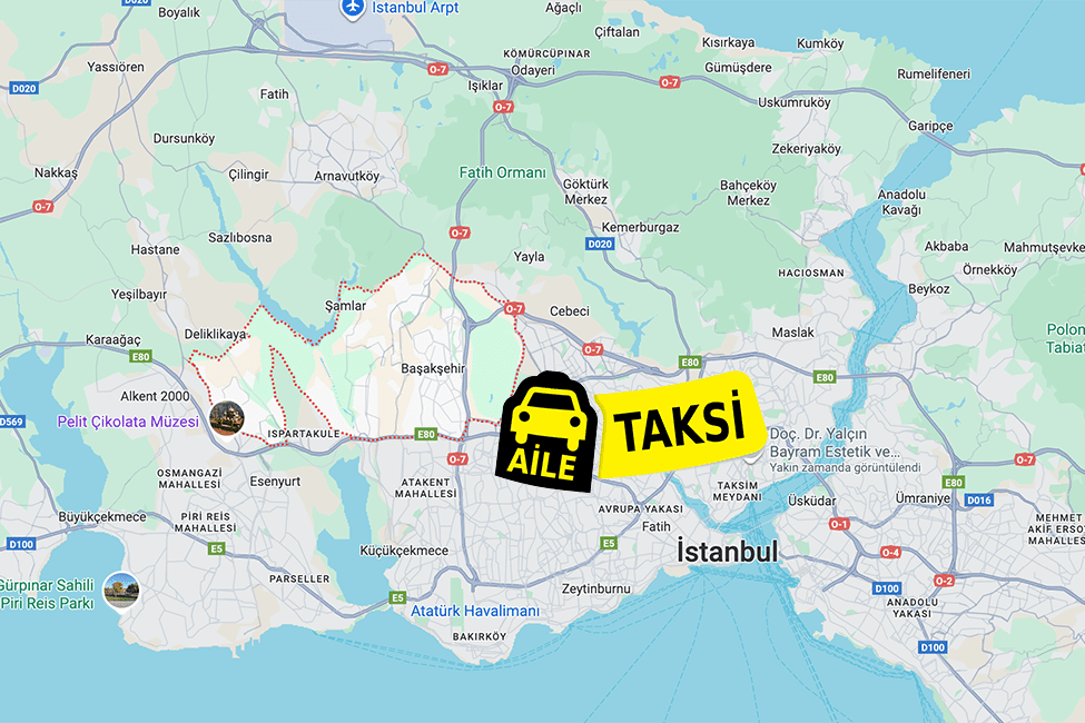 Korsan taksi hizmeti verilen Başakşehir ilçe sınırlarının haritada gösterimi