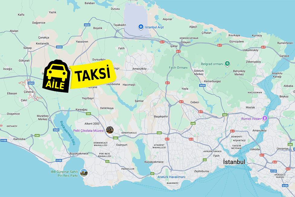 Korsan taksi hizmeti verilen Çatalca ilçe sınırlarının haritada gösterimi