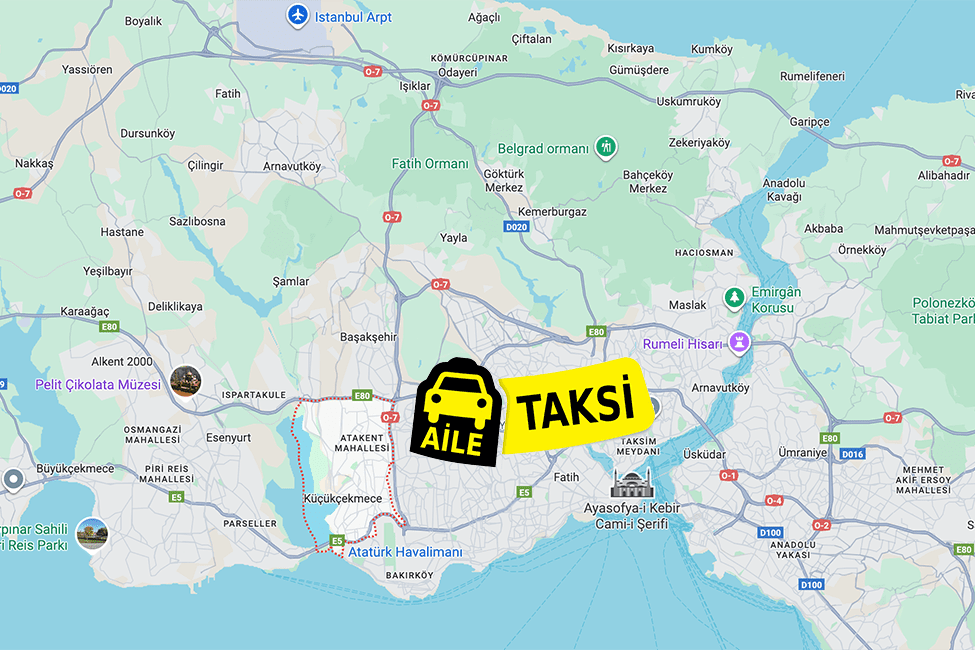 Korsan taksi hizmeti verilen Küçükçekmece ilçe sınırlarının haritada gösterimi