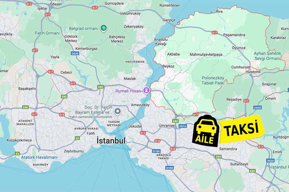 Korsan taksi hizmeti verilen Beykoz ilçe sınırlarının haritada gösterimi