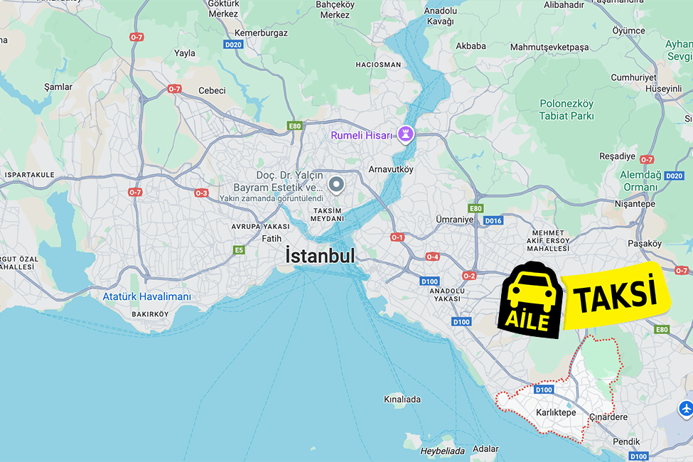Korsan taksi hizmeti verilen Kartal ilçe sınırlarının haritada gösterimi
