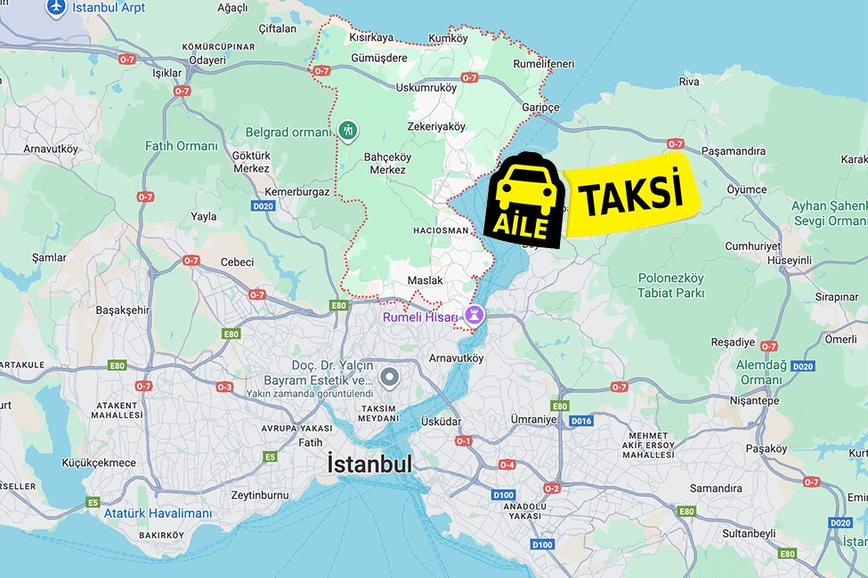 Korsan taksi hizmeti verilen Sarıyer ilçe sınırlarının haritada gösterimi