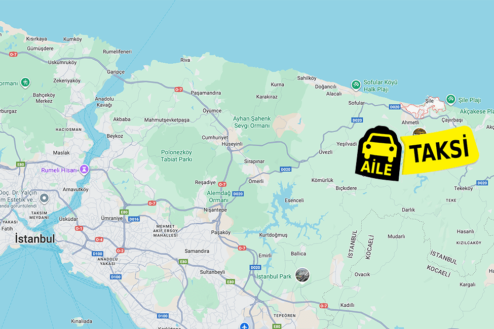 Korsan taksi hizmeti verilen Şile ilçe sınırlarının haritada gösterimi