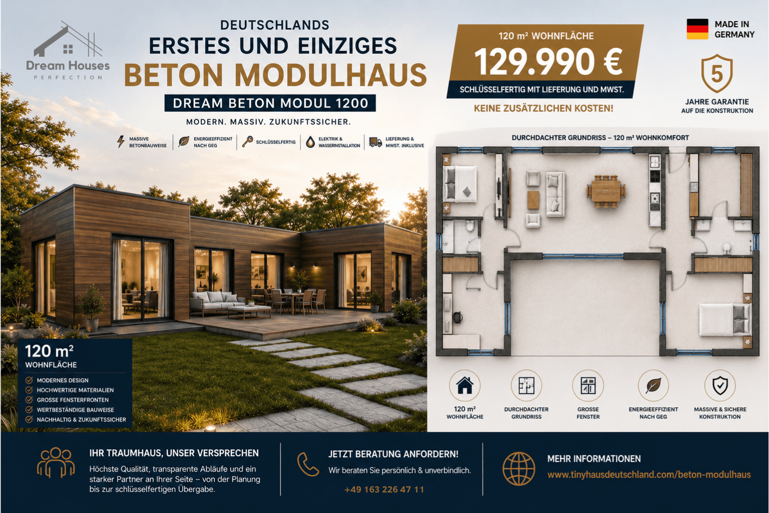 Entdecken Sie das moderne Dream Houses Beton-Modulhaus: massiv, hochwertig ausgestattet und nahezu grenzenlos durch weitere Module erweiterbar. Ideal für private Bauherren, Bauträger, Investoren und touristische Projekte.