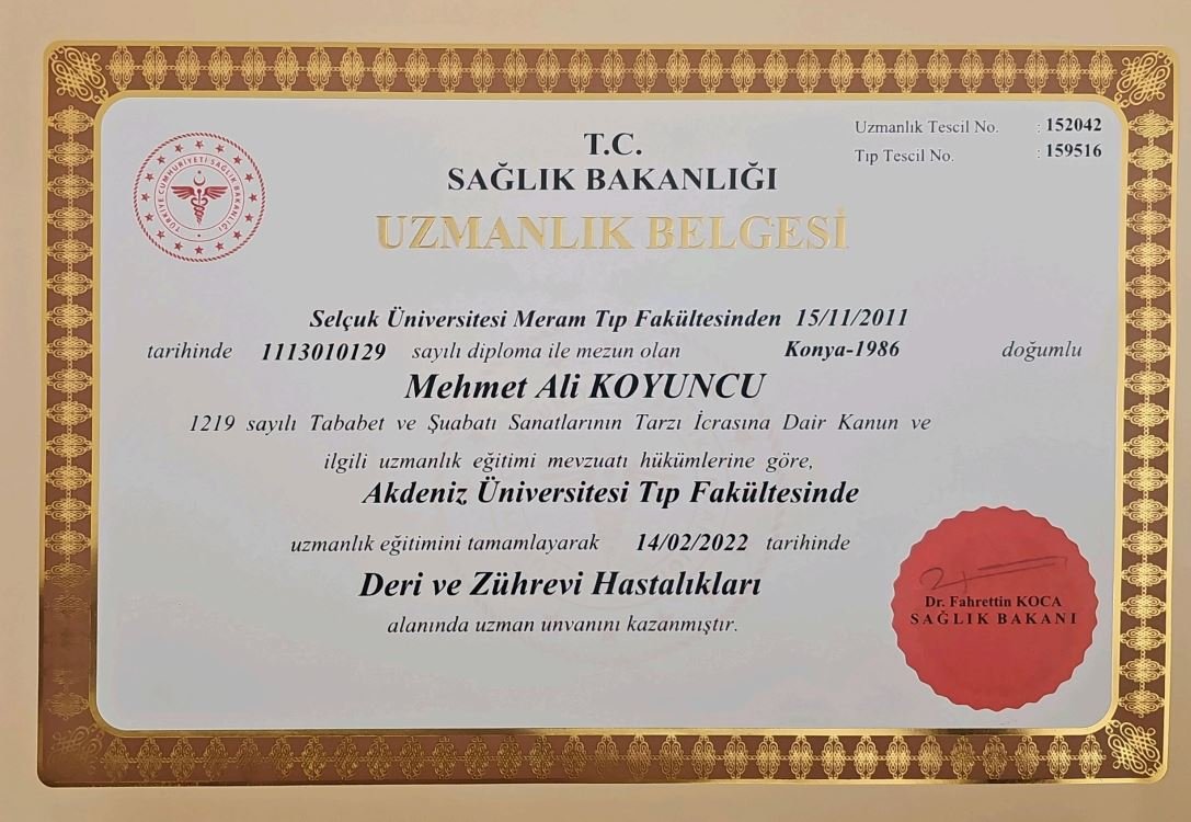 Mehmet Ali Koyuncu Uzmanlık Belgesi