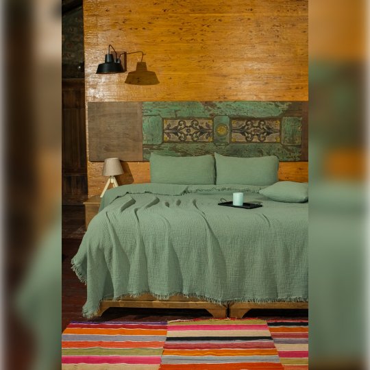 G&E 4 KAT MÜSLİN ÇİFT KİŞİLİK YATAK ÖRTÜSÜ/PİKE YEŞİL