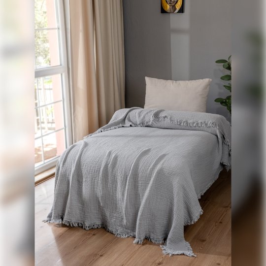 G&E 4 KAT MÜSLİN TEK KİŞİLİK YATAK ÖRTÜSÜ/PİKE GRİ