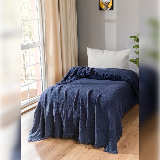 G&E 4 KAT MÜSLİN TEK KİŞİLİK YATAK ÖRTÜSÜ/PİKE İNDİGO