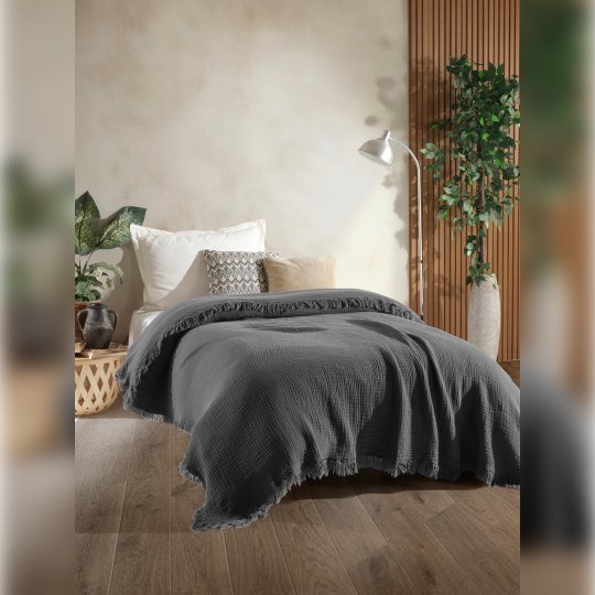 G&E 4 KAT MÜSLİN ÇİFT KİŞİLİK YATAK ÖRTÜSÜ/PİKE ANTRASİT