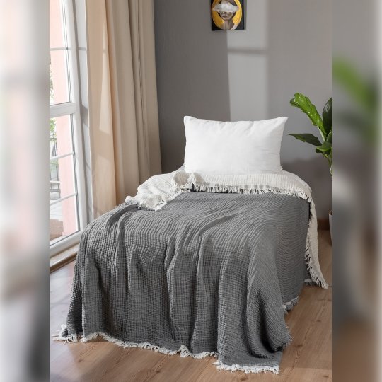 G&E 4 KAT MÜSLİN ÇİFT KİŞİLİK YATAK ÖRTÜSÜ/PİKE ANTRASİT/EKRU