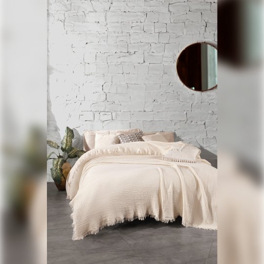 G&E 4 KAT MÜSLİN ÇİFT KİŞİLİK YATAK ÖRTÜSÜ/PİKE EKRU