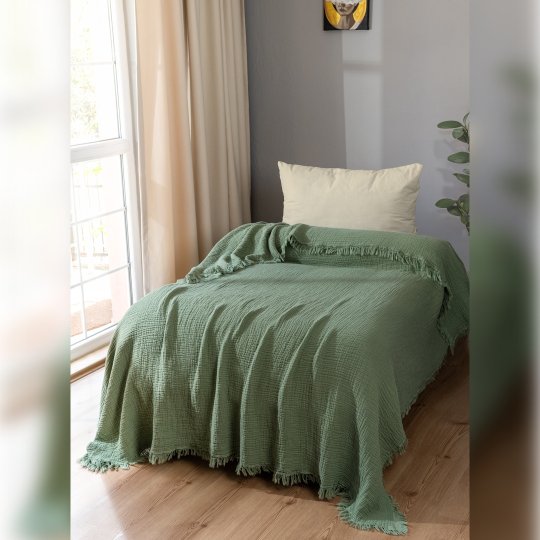 G&E 4 KAT MÜSLİN ÇİFT KİŞİLİK YATAK ÖRTÜSÜ/PİKE YEŞİL
