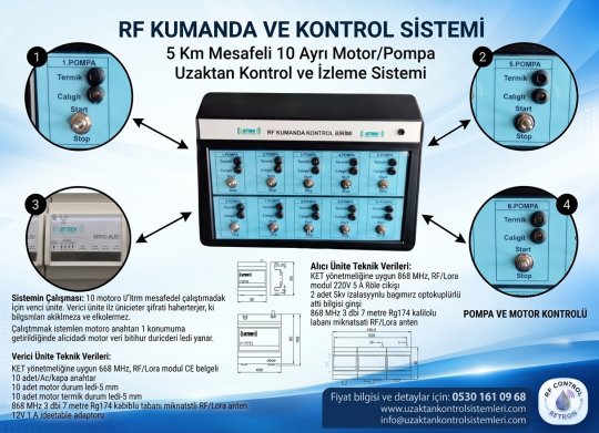 5 Km Mesafeli 10 ayrı motor/pompa uzaktan kontrol ve izleme sistemi (Çalışma teyitli ve termik attı kontrollü)