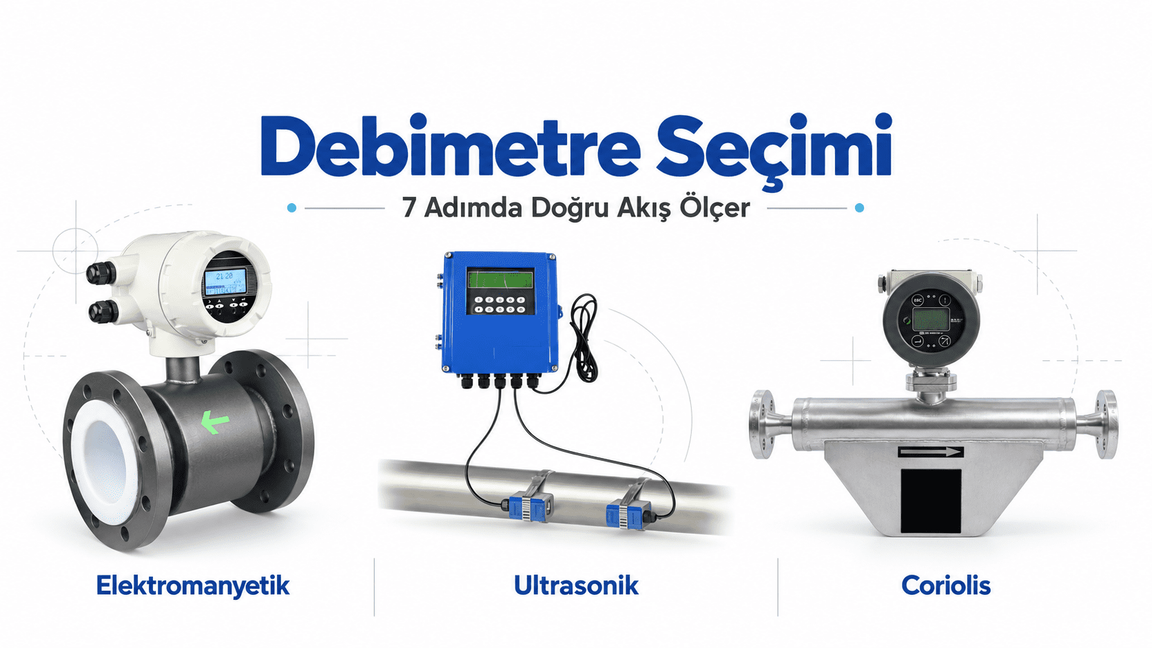 Elektromanyetik, ultrasonik ve Coriolis debimetre modelleri yan yana: debimetre seçimi için akış ölçer tipleri