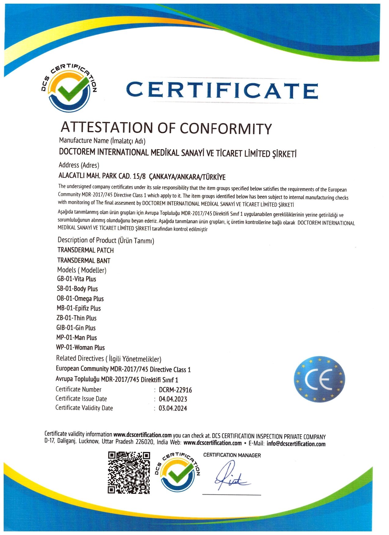 ATTESTATION OF CONFORMITY CERTIFICATE
