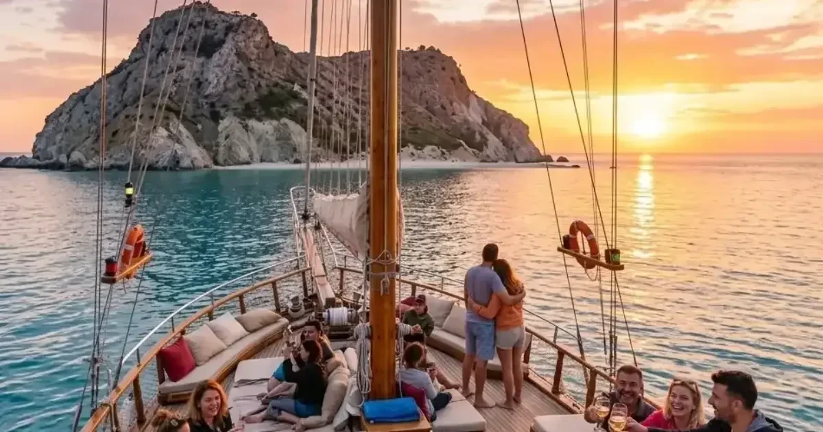 Gäste genießen den Sonnenuntergang auf einer Holzyacht vor Antalya
