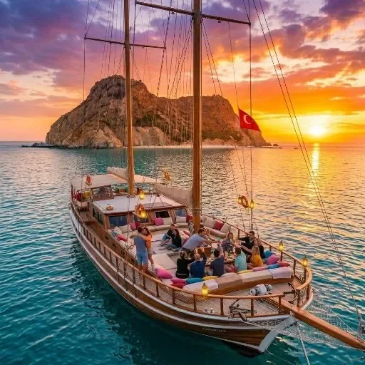 Gulet mit Gästen bei Sonnenuntergang