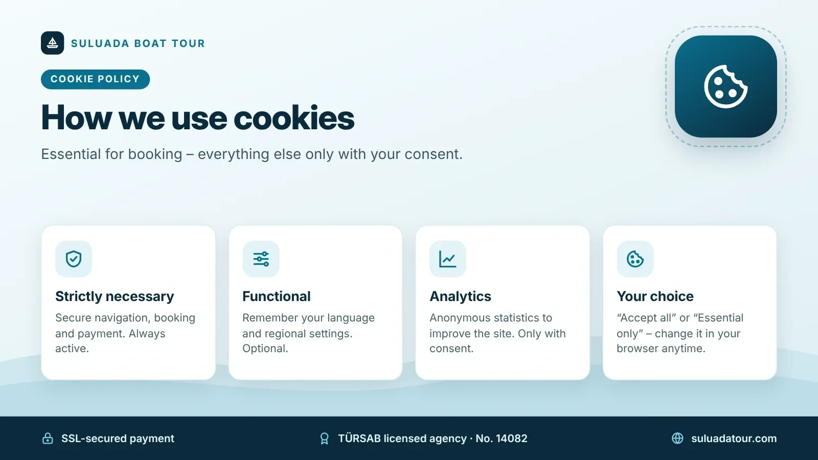 Cookie policy of Suluada Boat Tour Cookie policy infographic: strictly necessary, functional and analytics cookies, and how to choose your settings