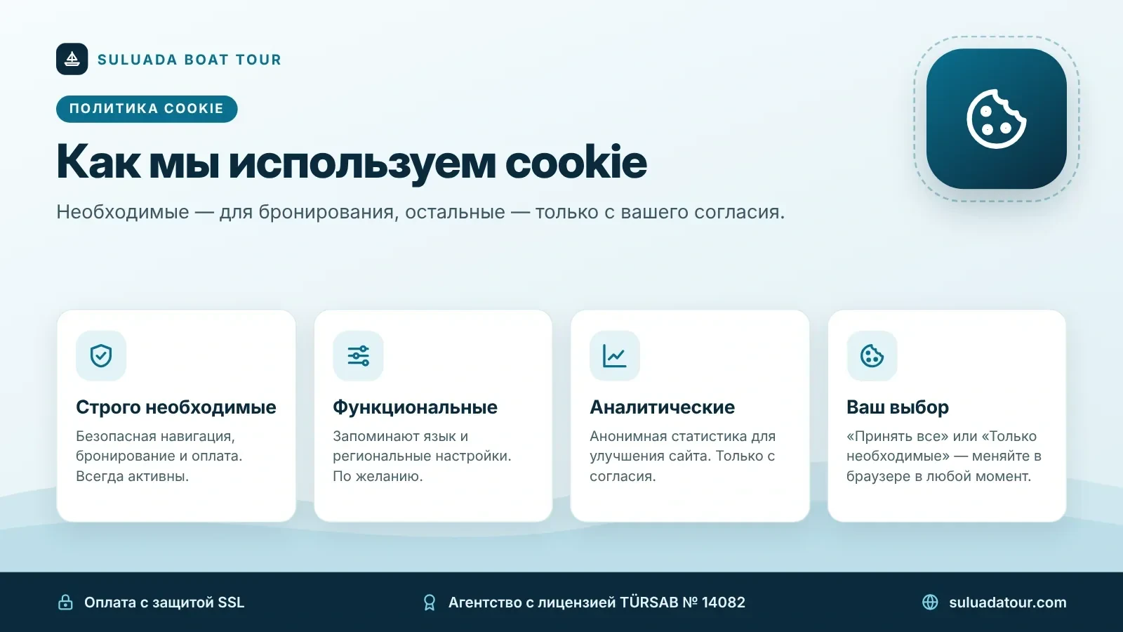 Политика cookie Suluada Boat Tour Инфографика политики cookie: необходимые, функциональные и аналитические cookie и ваш выбор настроек