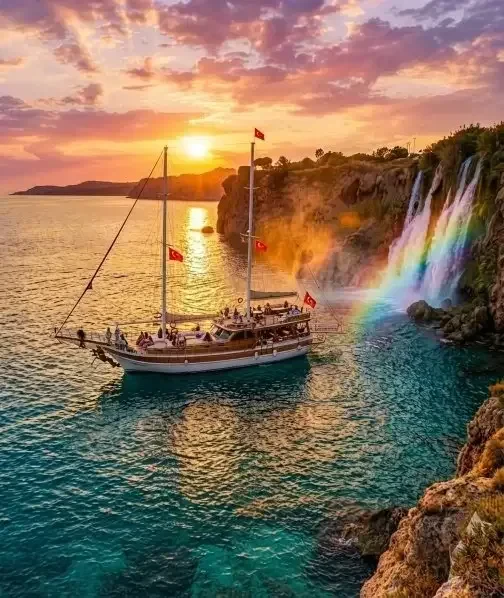 Antalya kıyısında gün batımında şelalenin yanında duran gület