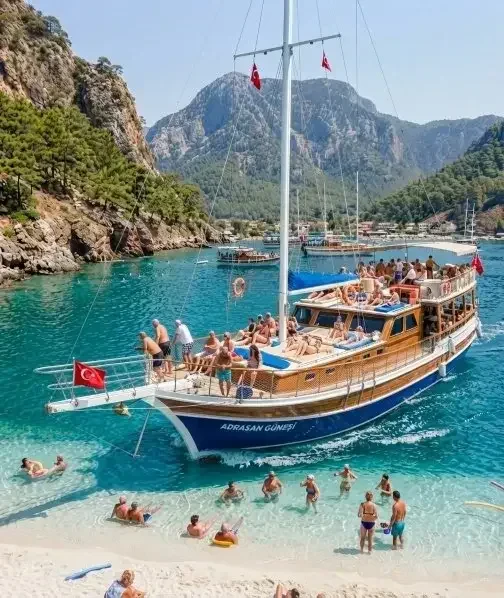Holz-Gulet in einer türkisfarbenen Bucht auf der Suluada-Bootstour