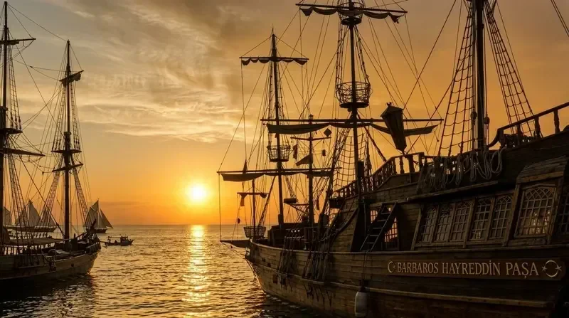 Antalya pirate ship silhouette at sunset on the Mediterranean