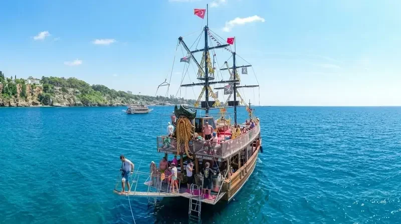 Antalya pirate ship cruising the Mediterranean with guests on deck