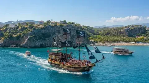 Piratenboote segeln entlang der Klippen der Antalya-Küste