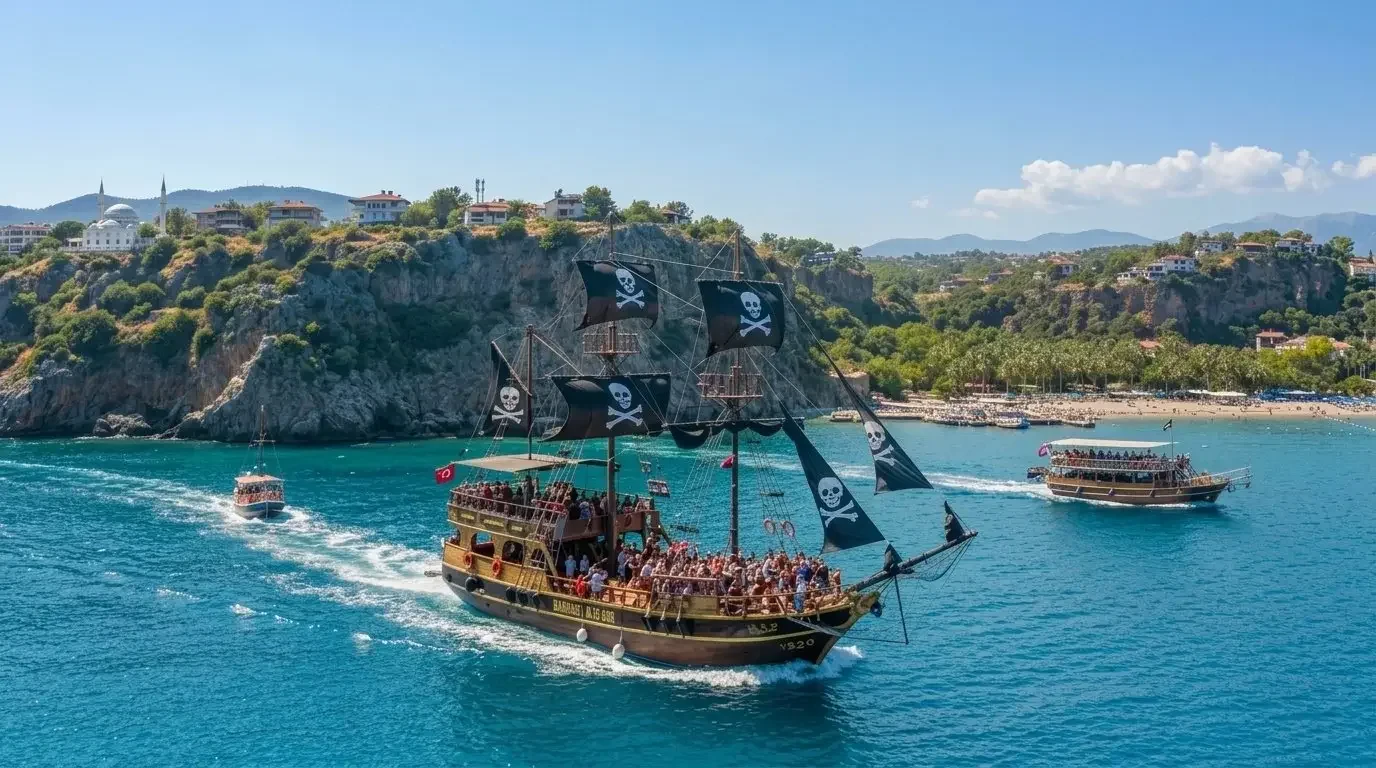 Pirate boats cruising along the green coastline