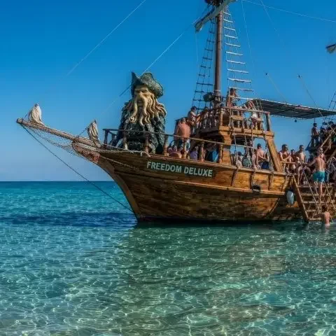 Close-up of the carved wooden pirate ship