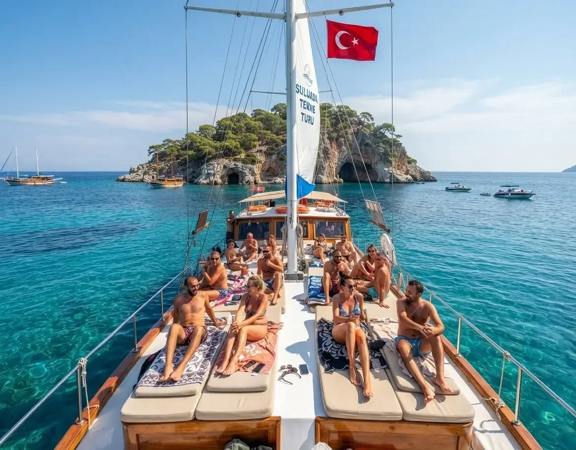 Yüzme molaları arasında ön güvertede güneşlenme