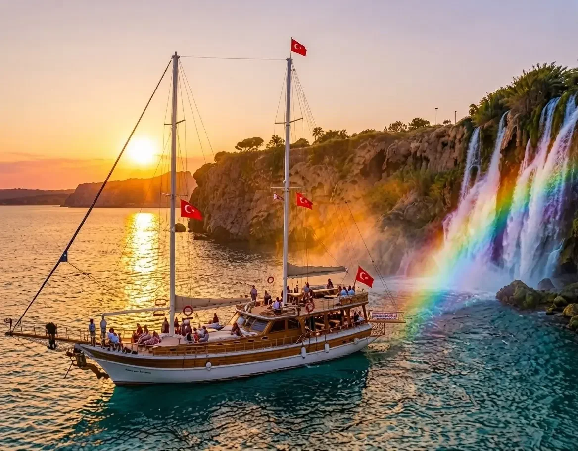 Gün batımında şelalenin önünde tekne