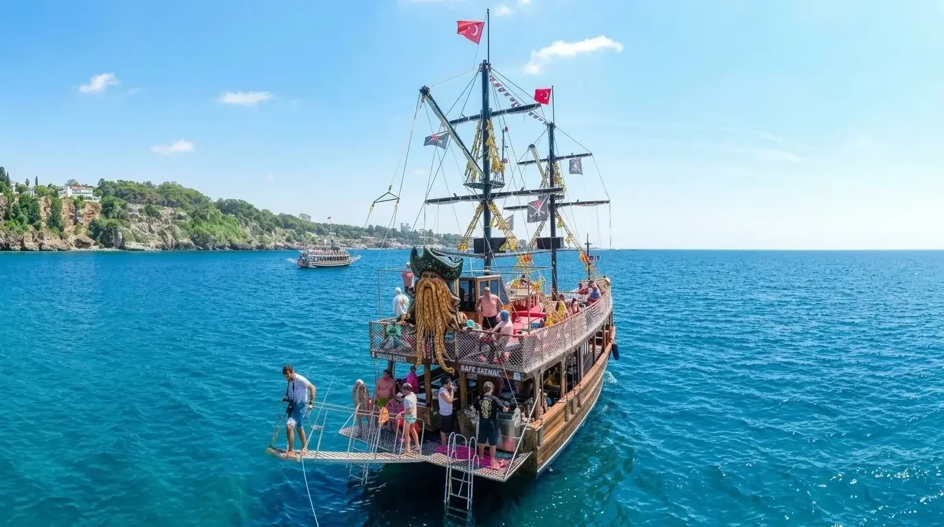 Güvertede misafirlerle limandan çıkış