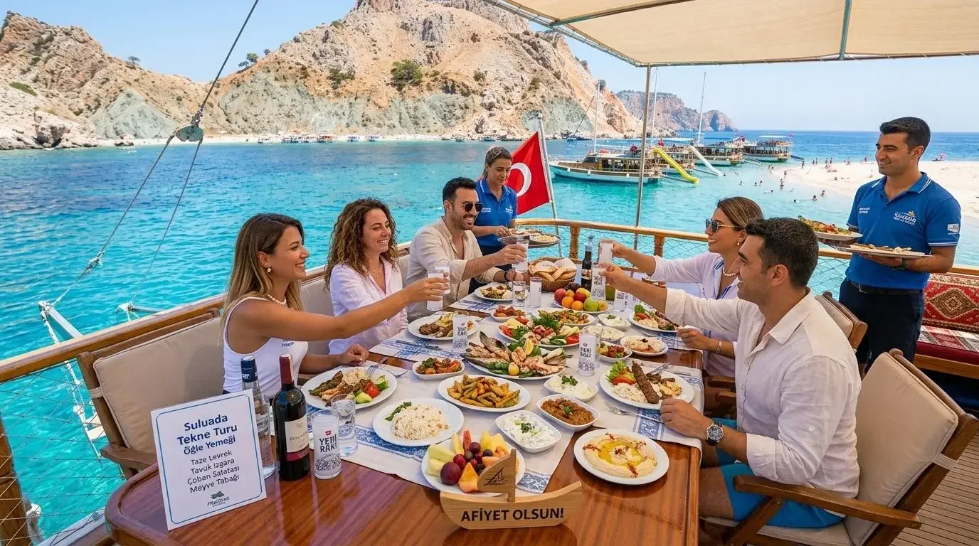 Gäste beim gemeinsamen Mittagessen an Deck
