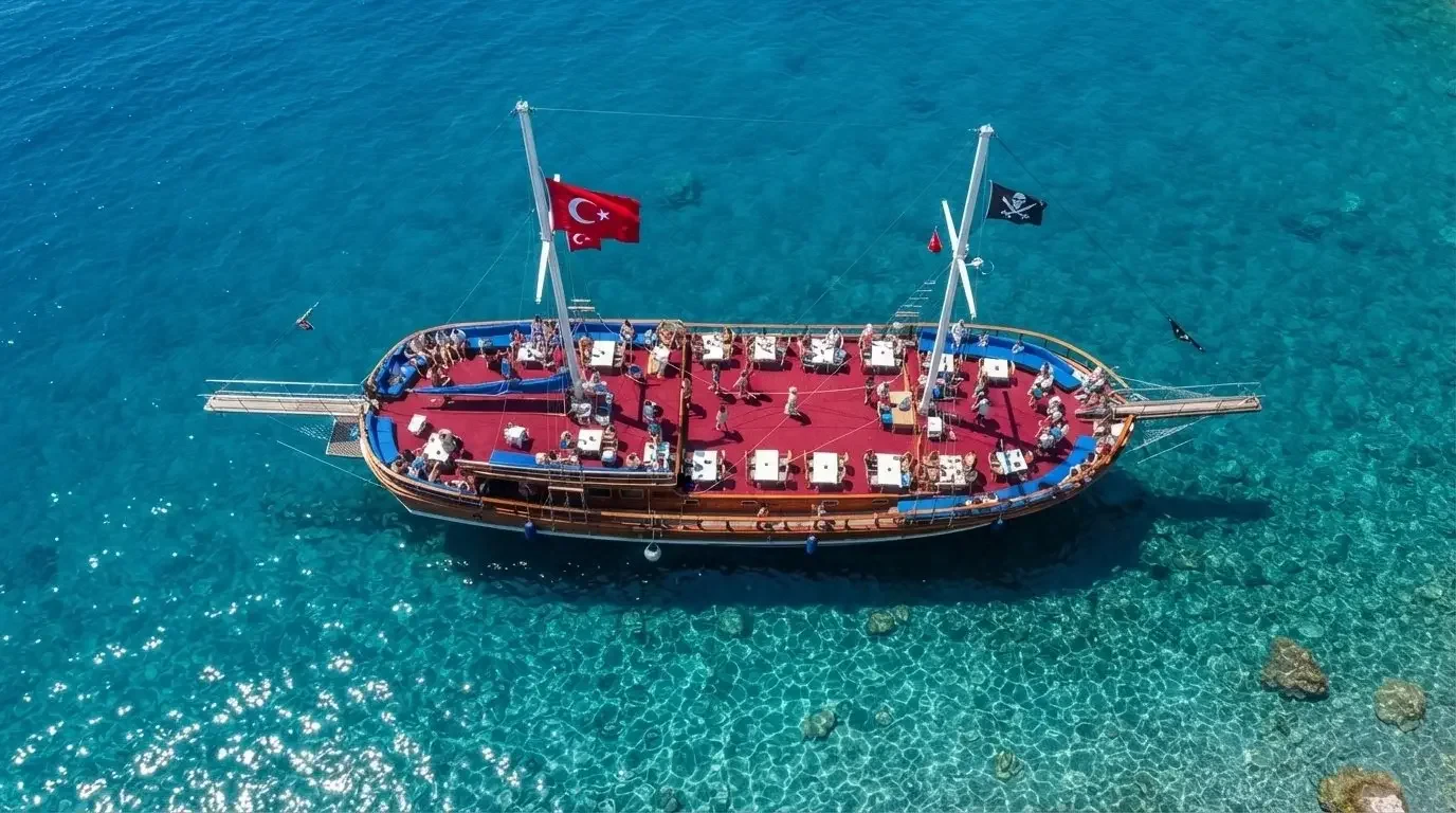 Das Relax-Boot von oben auf türkisfarbenem Wasser