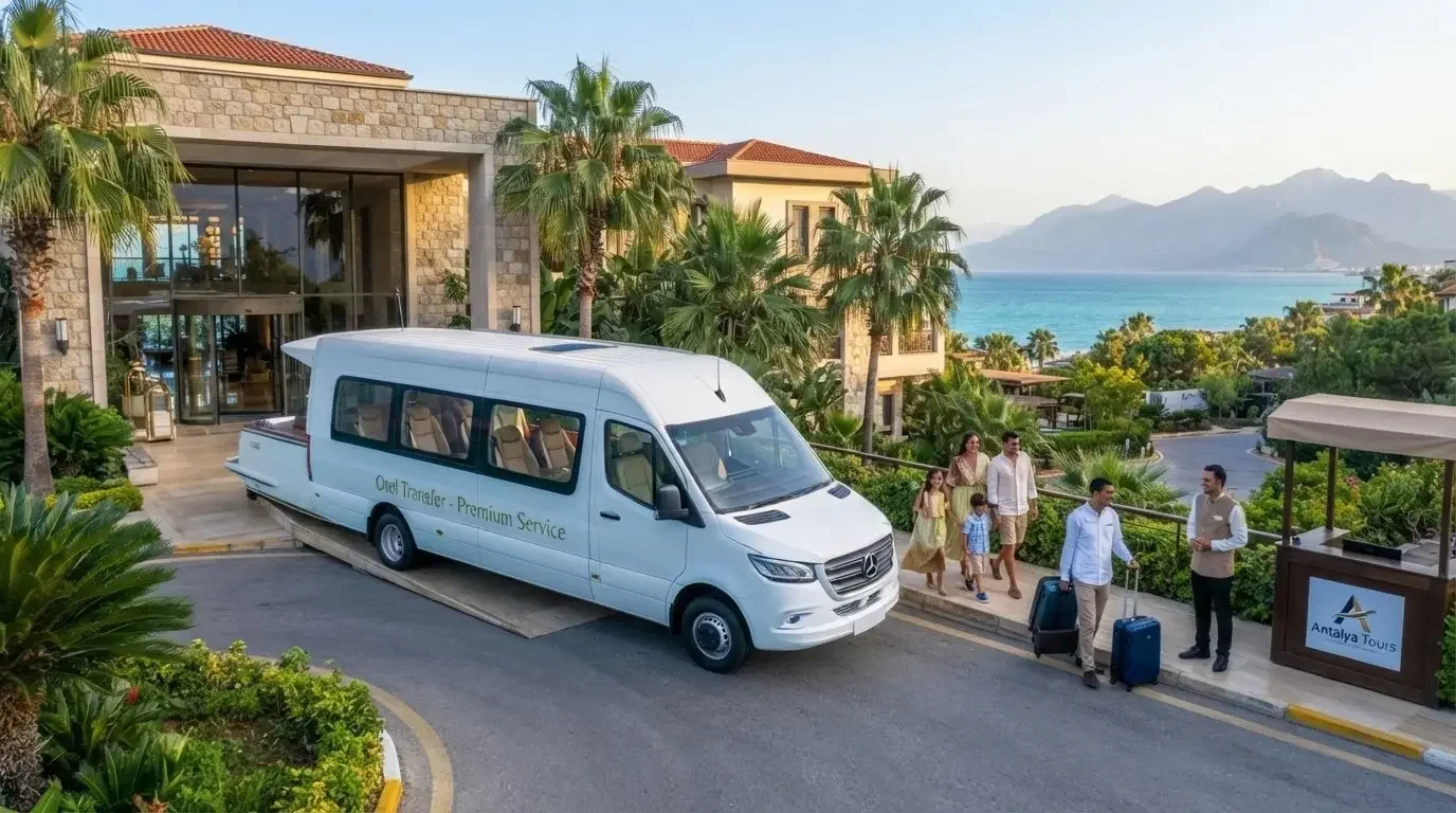 Kleinbus wartet am Hotel auf die Gäste