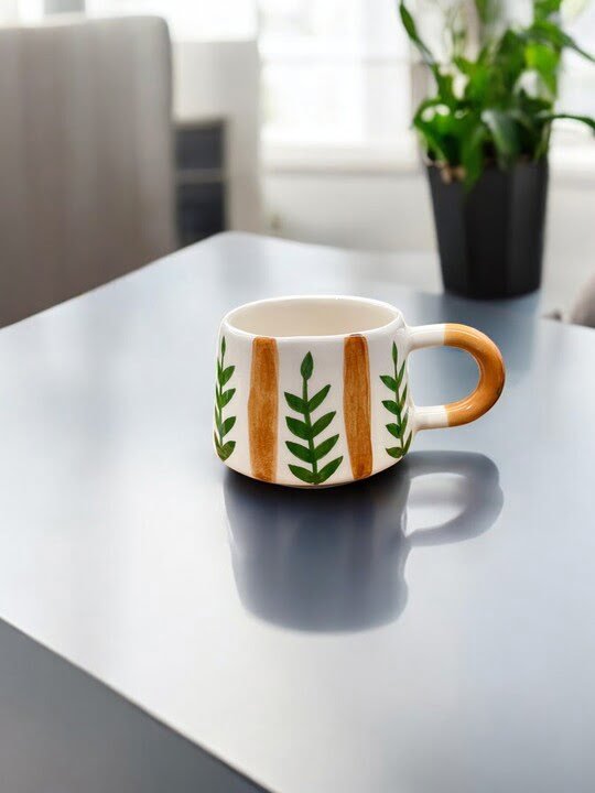 Yeşil Yaprak Desenli Seramik Kupa Bardak