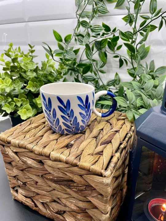 Kupa Bardak Mavi Yapraklı Tasarım