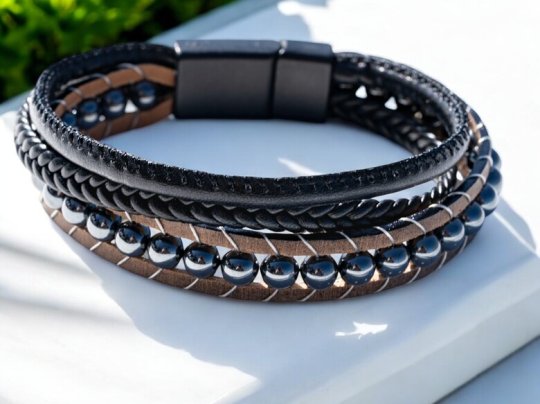 ERKEK DERİ BİLEKLİK Doğal Taş ve Çelik