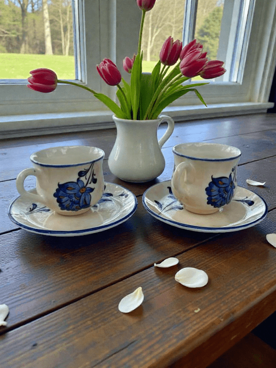 El Boyaması Mavi Çiçekli 2'li Seramik Türk Kahvesi Fincanı