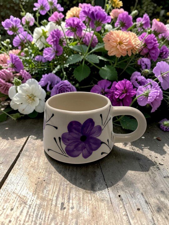 Kupa Bardak Zarif Mor Çiçekli Tasarım