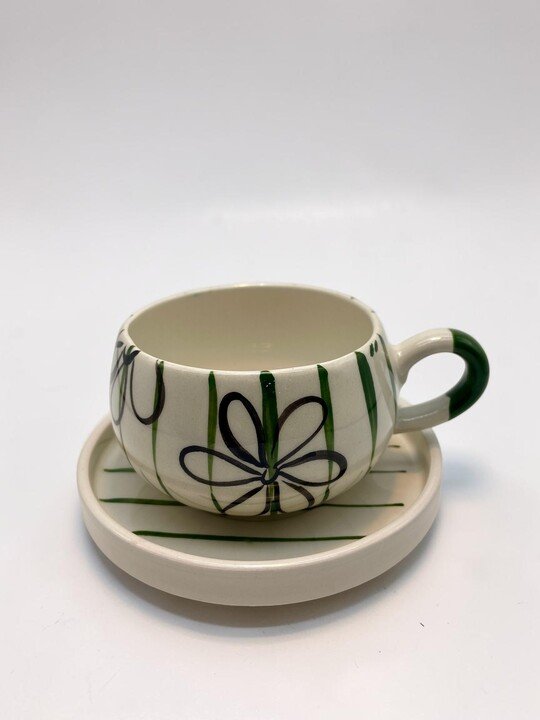 Tabaklı Kupa Bardak Çizgili Minimal Çiçek Tasarım