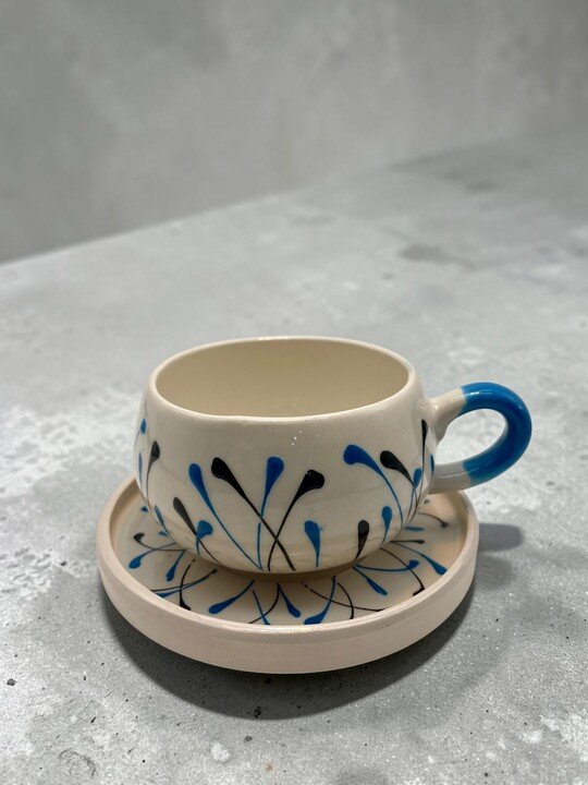 Tabaklı Kupa Bardak Mavi Damla Tasarım