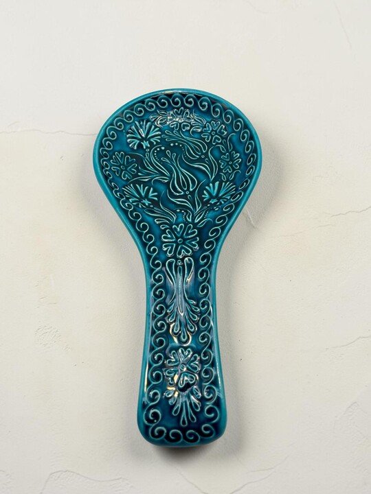 Seramik Kaşıklık Kabartmalı Teal Mavi Tasarım