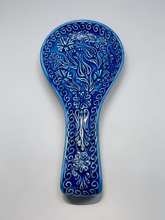 Seramik Kaşıklık Kabartmalı Kobalt Mavi Tasarım