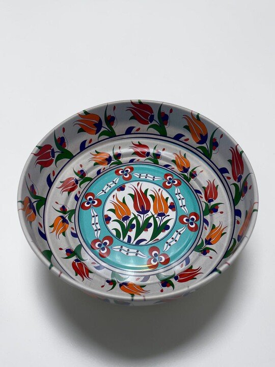 Çini Desenli Turkuaz Laleli Metal Tabak
