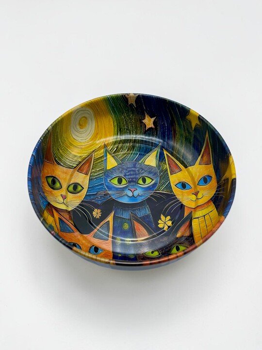 Yıldızlı Gece ve Kediler Desenli Metal Tabak