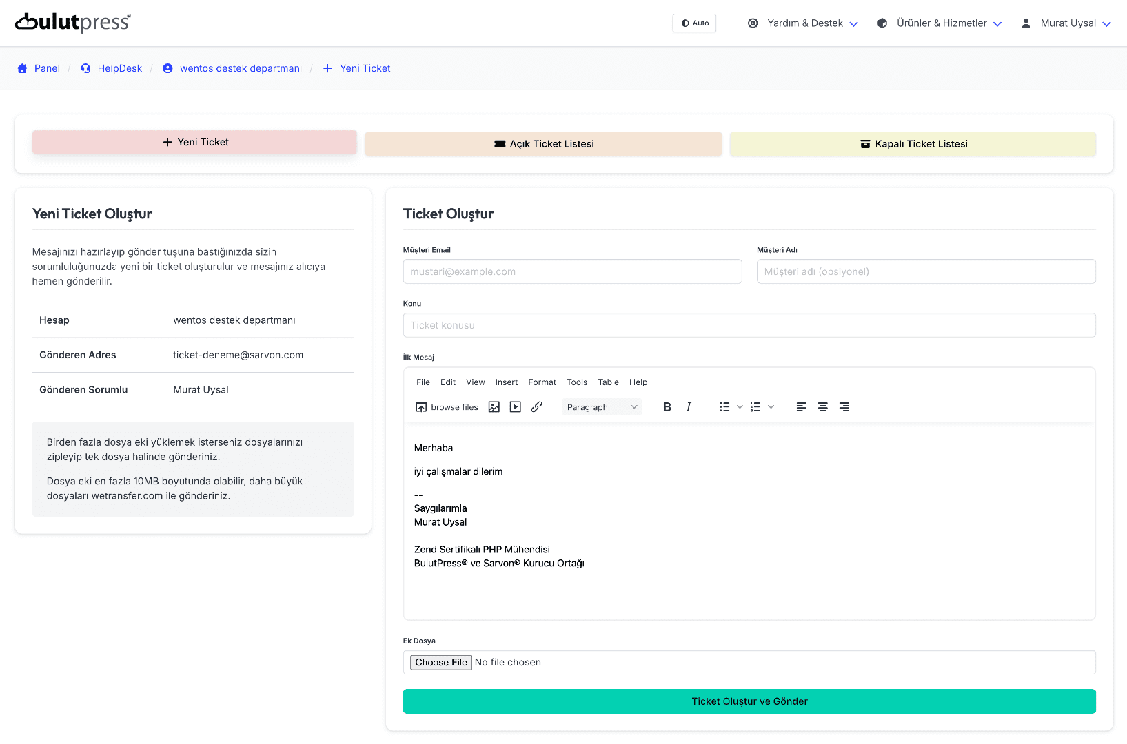 Helpdesk Yeni Ticket Oluşturma