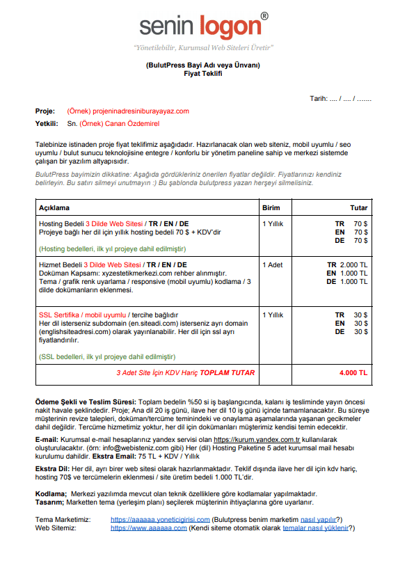web sitesi teklif şablonu formatı örneği