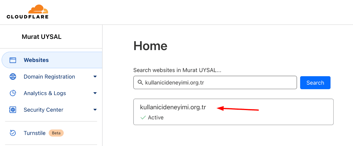 1 cloudflare hesabından web sitenizi seçin